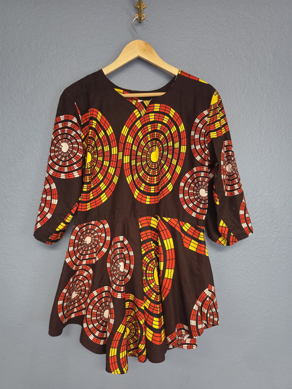 Brown African-Print Peplum Tunic Dress with Red & Yellow Circles